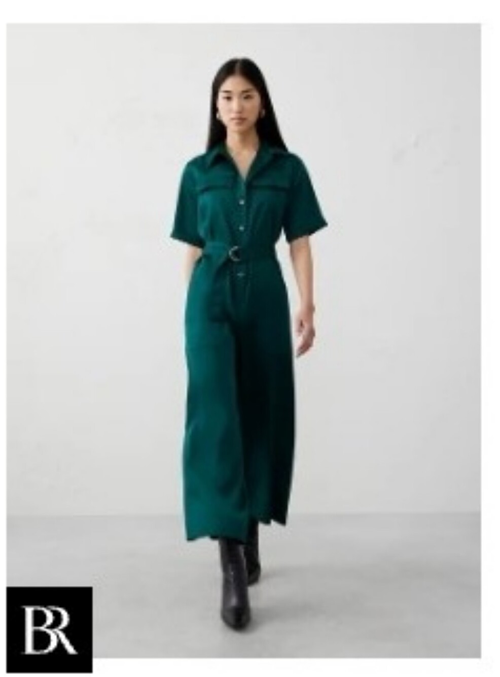 Satin Utility Jumpsuit Sapphire Green Banana Republic Wide Leg Detachable Belt L